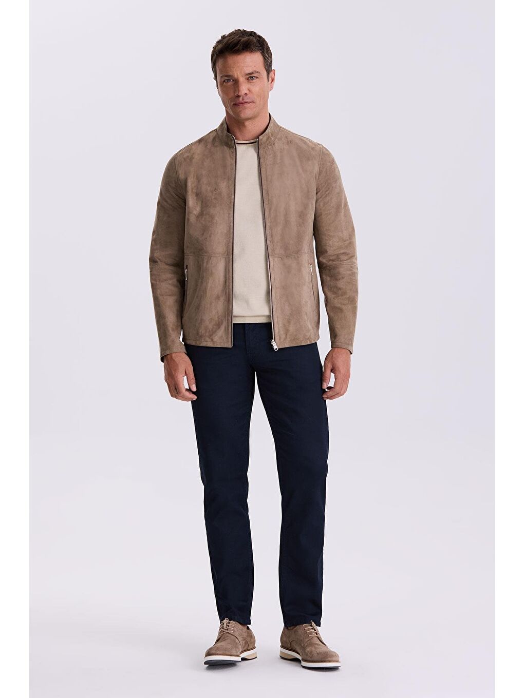 Bej Comfort Fit Dik Yaka Çift Taraflı %100 Deri Mont