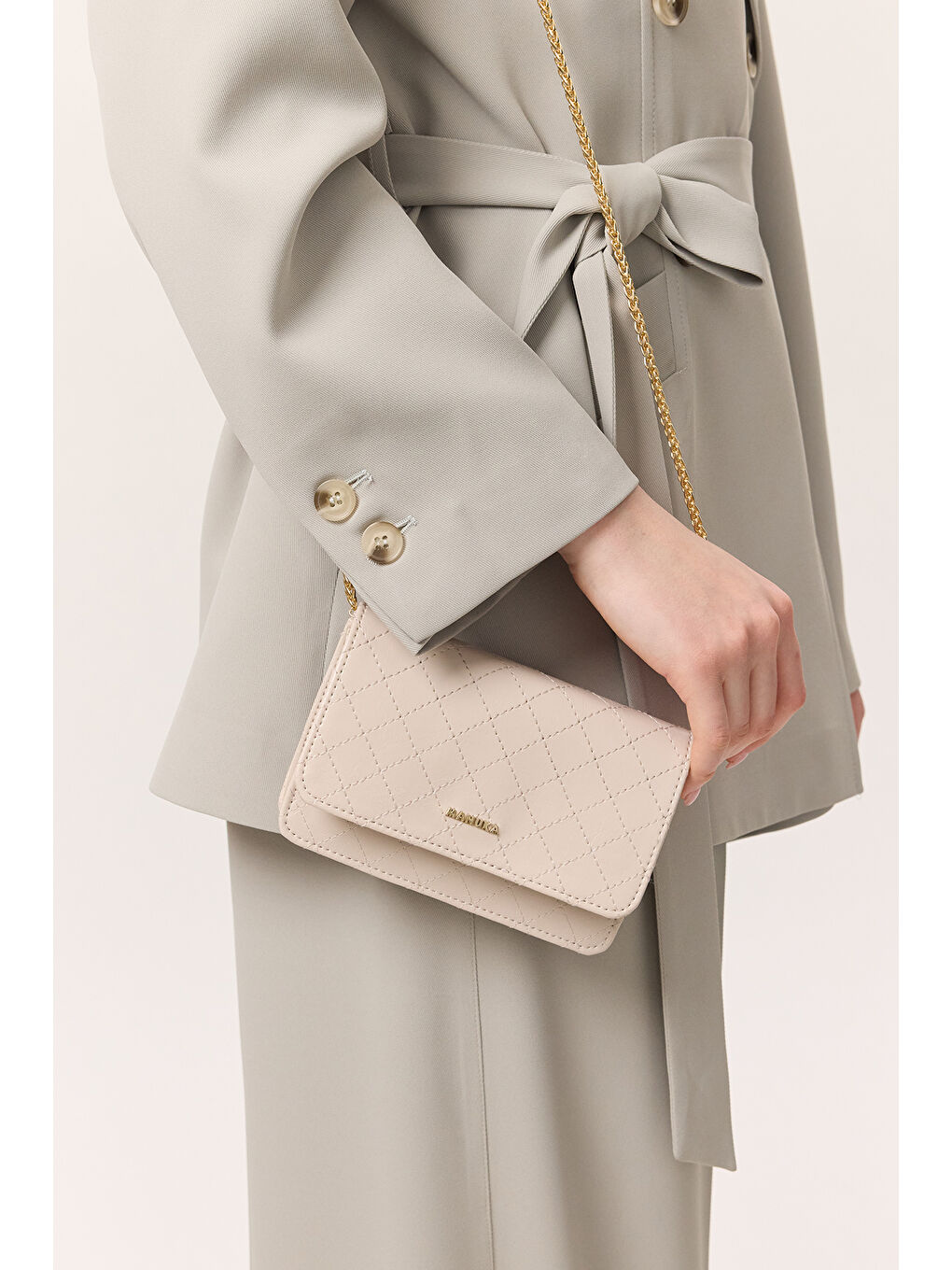 Kapitone Cüzdan Çanta Bej-1