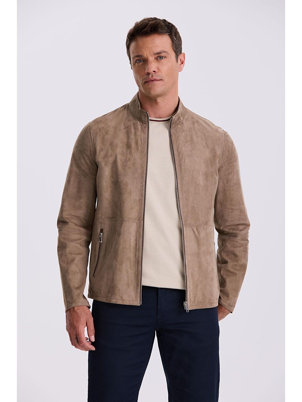 Bej Comfort Fit Dik Yaka Çift Taraflı %100 Deri Mont-1