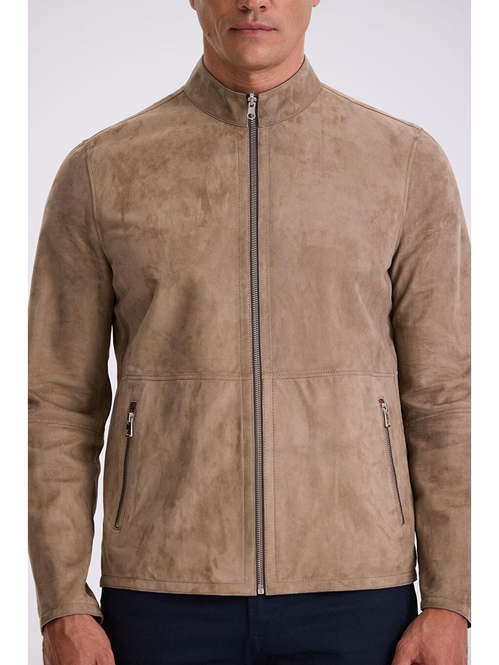 Bej Comfort Fit Dik Yaka Çift Taraflı %100 Deri Mont-2