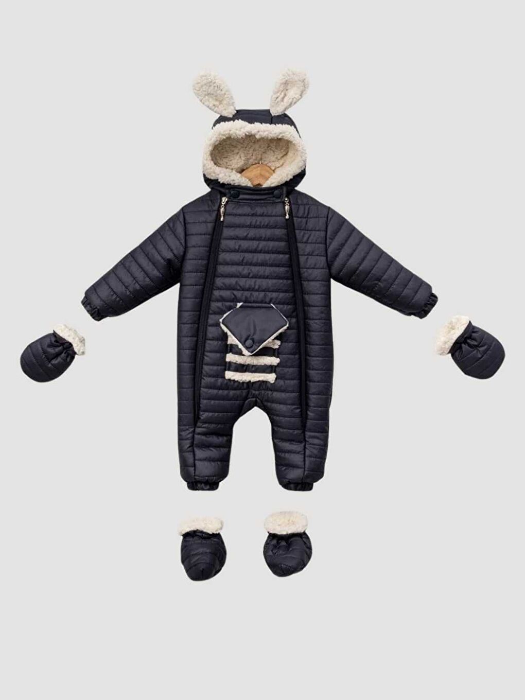 Lacivert Kışlık Bebek Kayak Tulum Seti Kapüşonlu Kürklü Eldivenli Patikli Dış Mekân