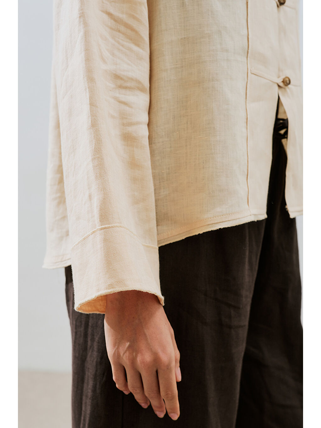 Turuncu Keten Önden Düğmeli Gömlek Kavuniçi-4