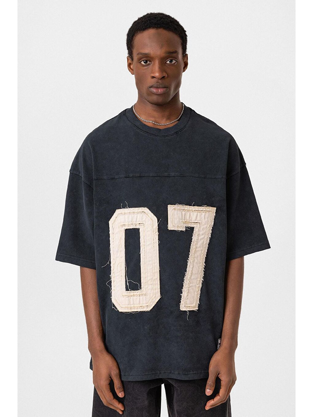 Yıkamalı Baskılı Oversize Tişört Siyah-2