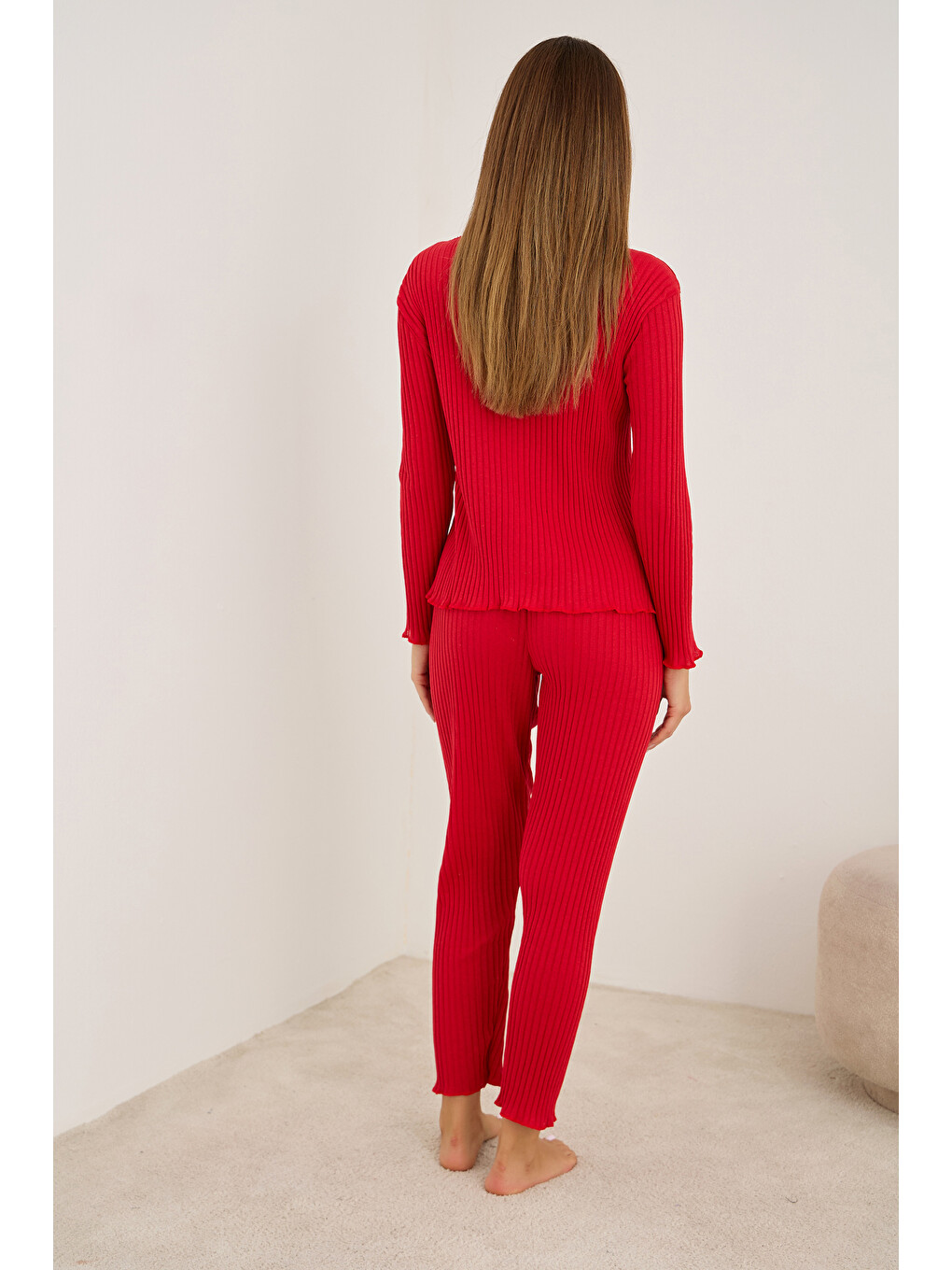 Kırmızı Fiyonklu Fitilli Kaşkorse Uzun Kollu Pijama Takım 7937-2