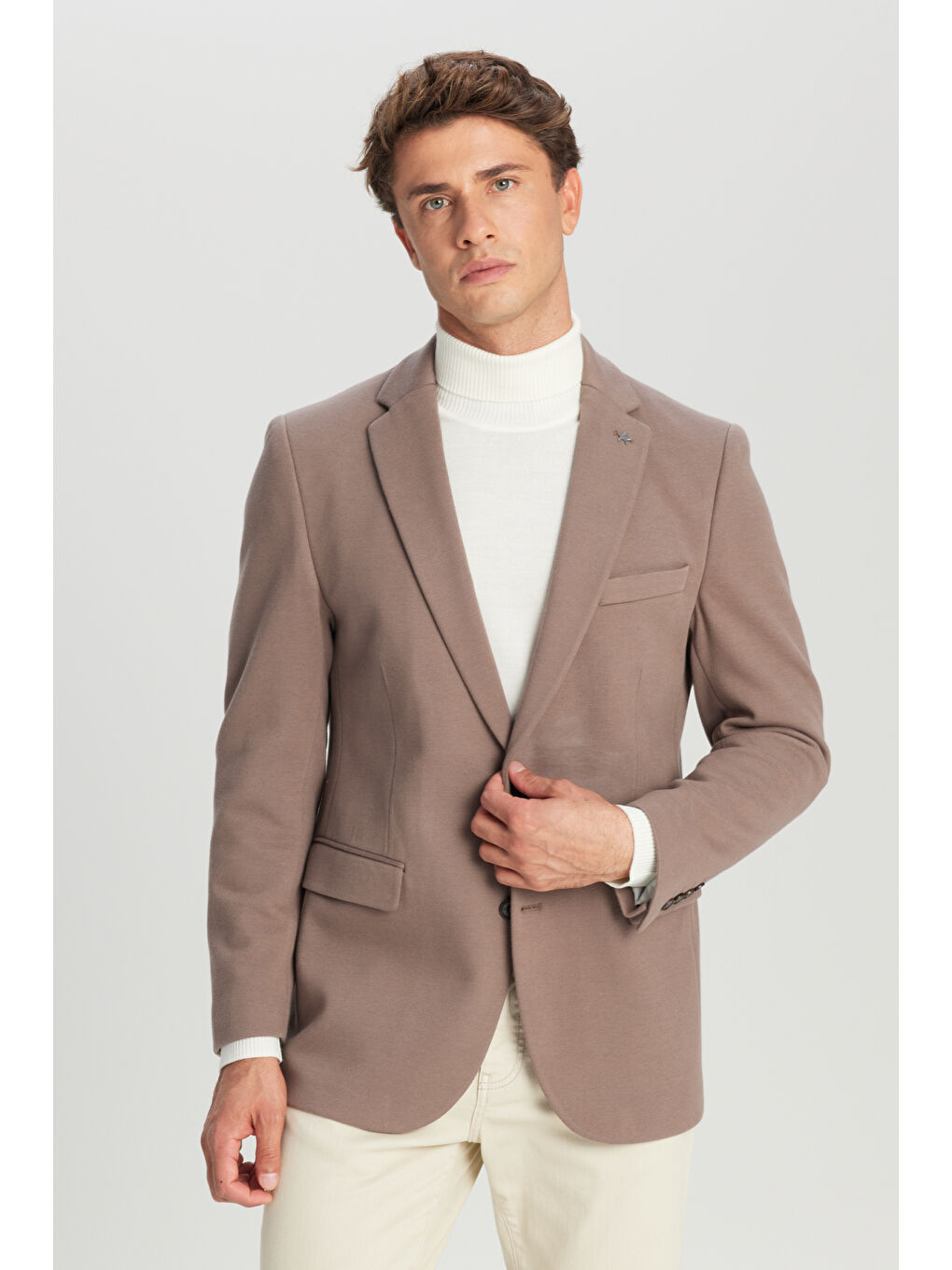 Bej Erkek Vizon Pamuklu Slim Fit Dar Kesim Mono Yaka Kapak Cepli Esnek Blazer Ceket