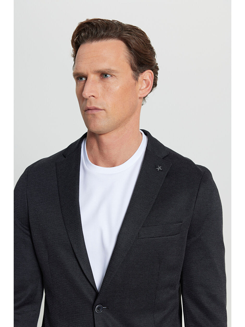 Erkek Siyah 360 Her Yöne Esneyen Slim Fit Dar Kesim Mono Yaka Armürlü Blazer Ceket-1