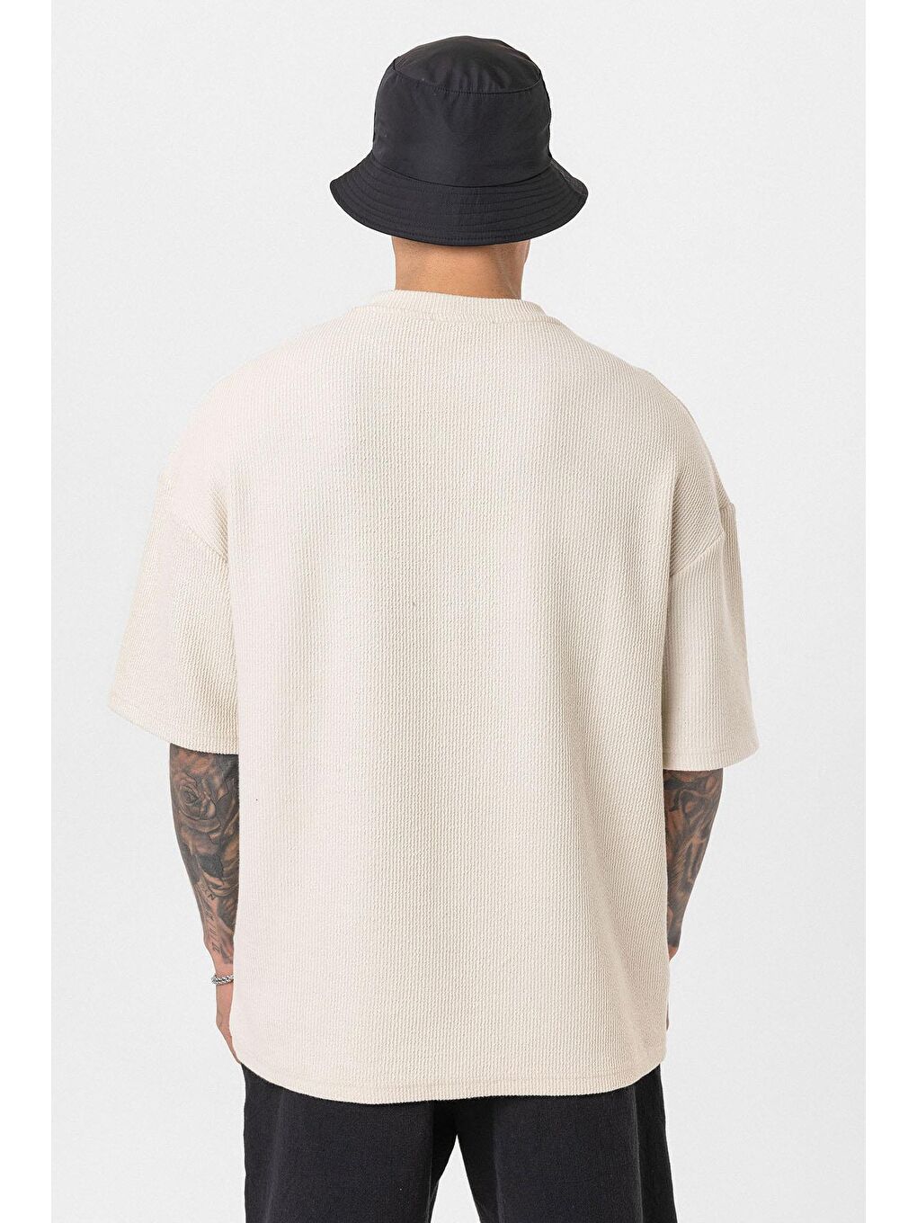 Bej Düğmeli Yaka Oversize Tişört Taş-4