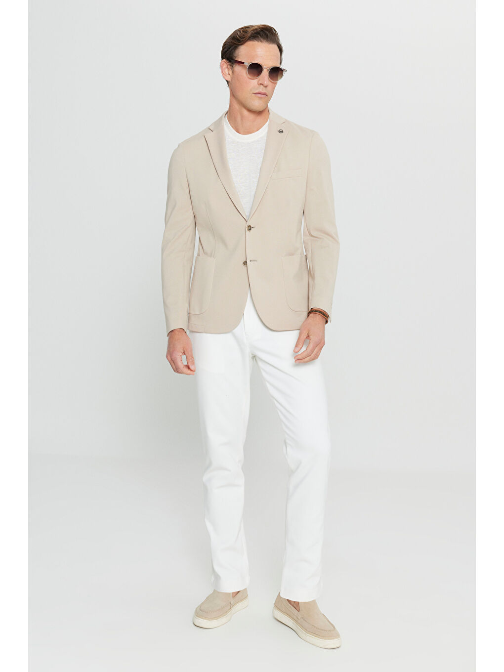 Erkek Bej Pamuklu Slim Fit Dar Kesim Armürlü Esnek Torba Cepli Blazer Ceket-1