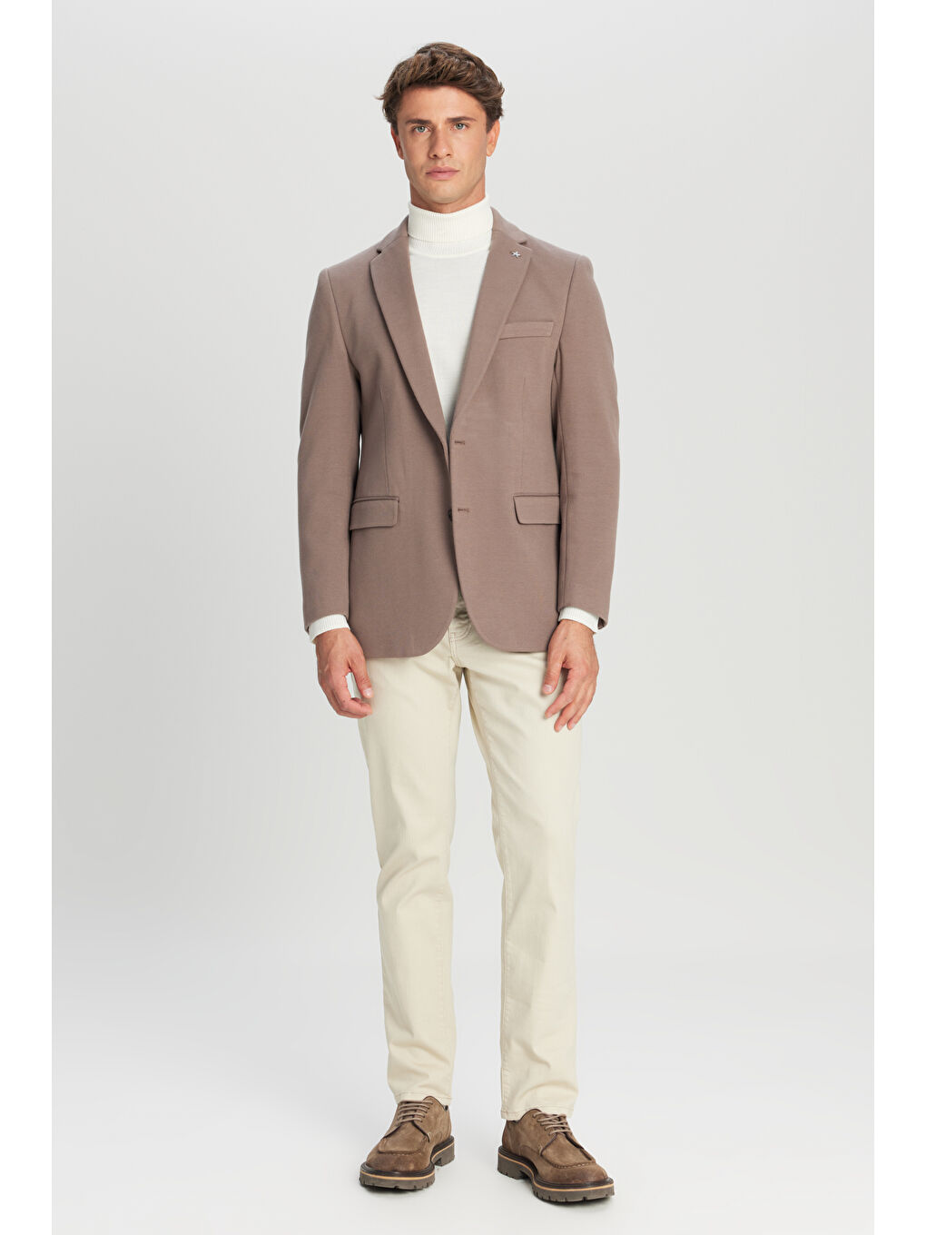 Bej Erkek Vizon Pamuklu Slim Fit Dar Kesim Mono Yaka Kapak Cepli Esnek Blazer Ceket-1