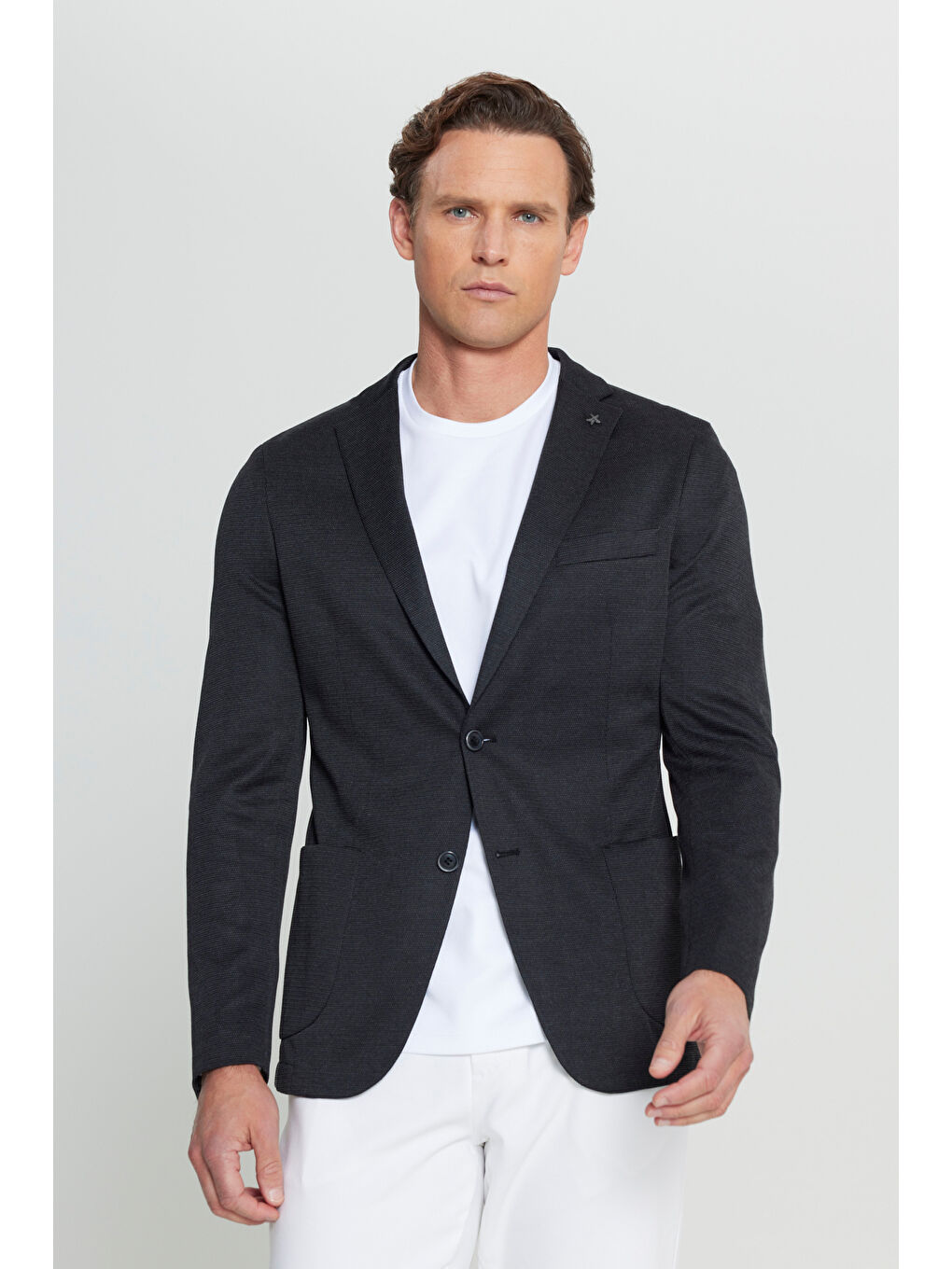 Erkek Siyah 360 Her Yöne Esneyen Slim Fit Dar Kesim Mono Yaka Armürlü Blazer Ceket-2