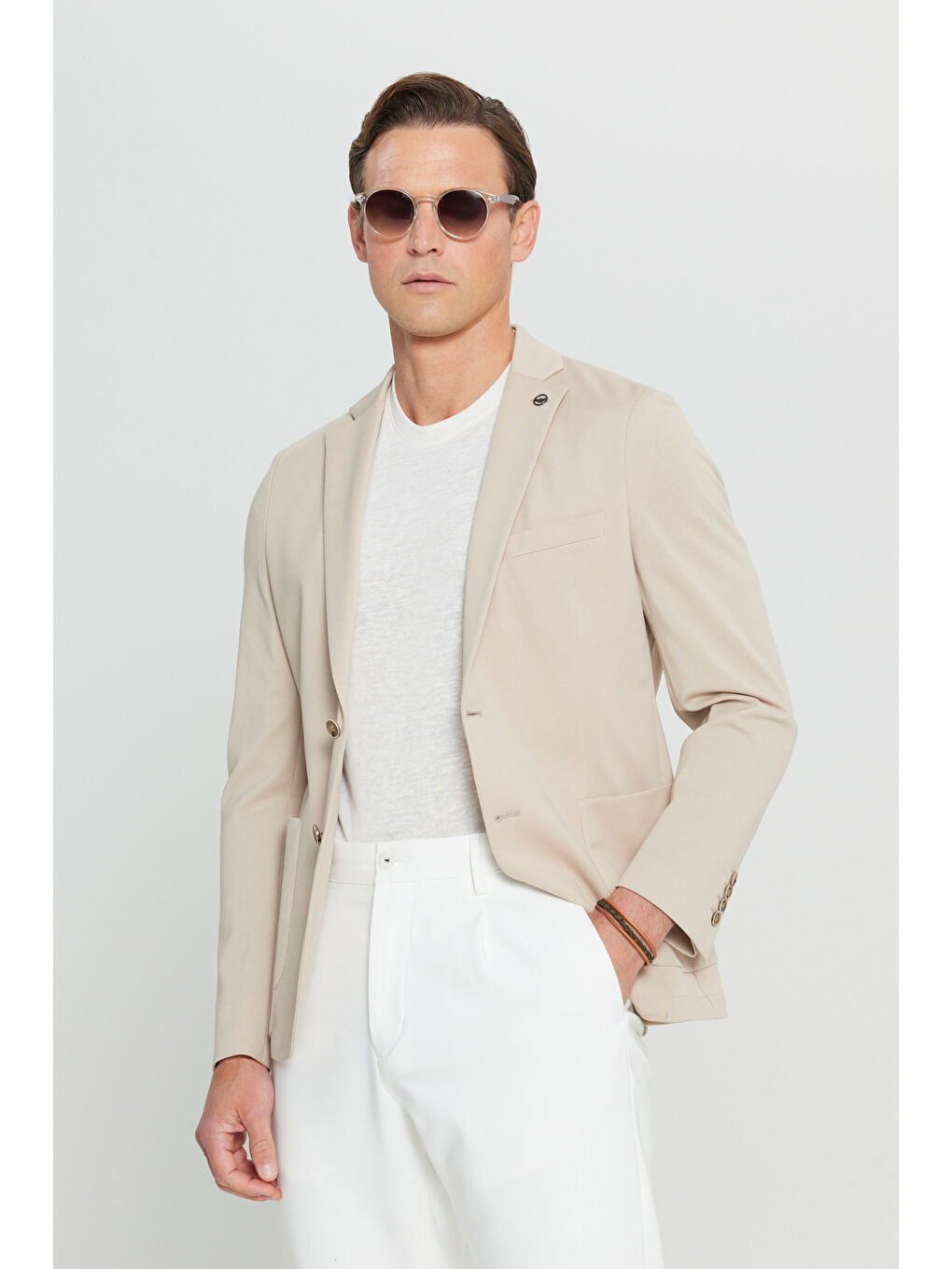 Erkek Bej Pamuklu Slim Fit Dar Kesim Armürlü Esnek Torba Cepli Blazer Ceket-2