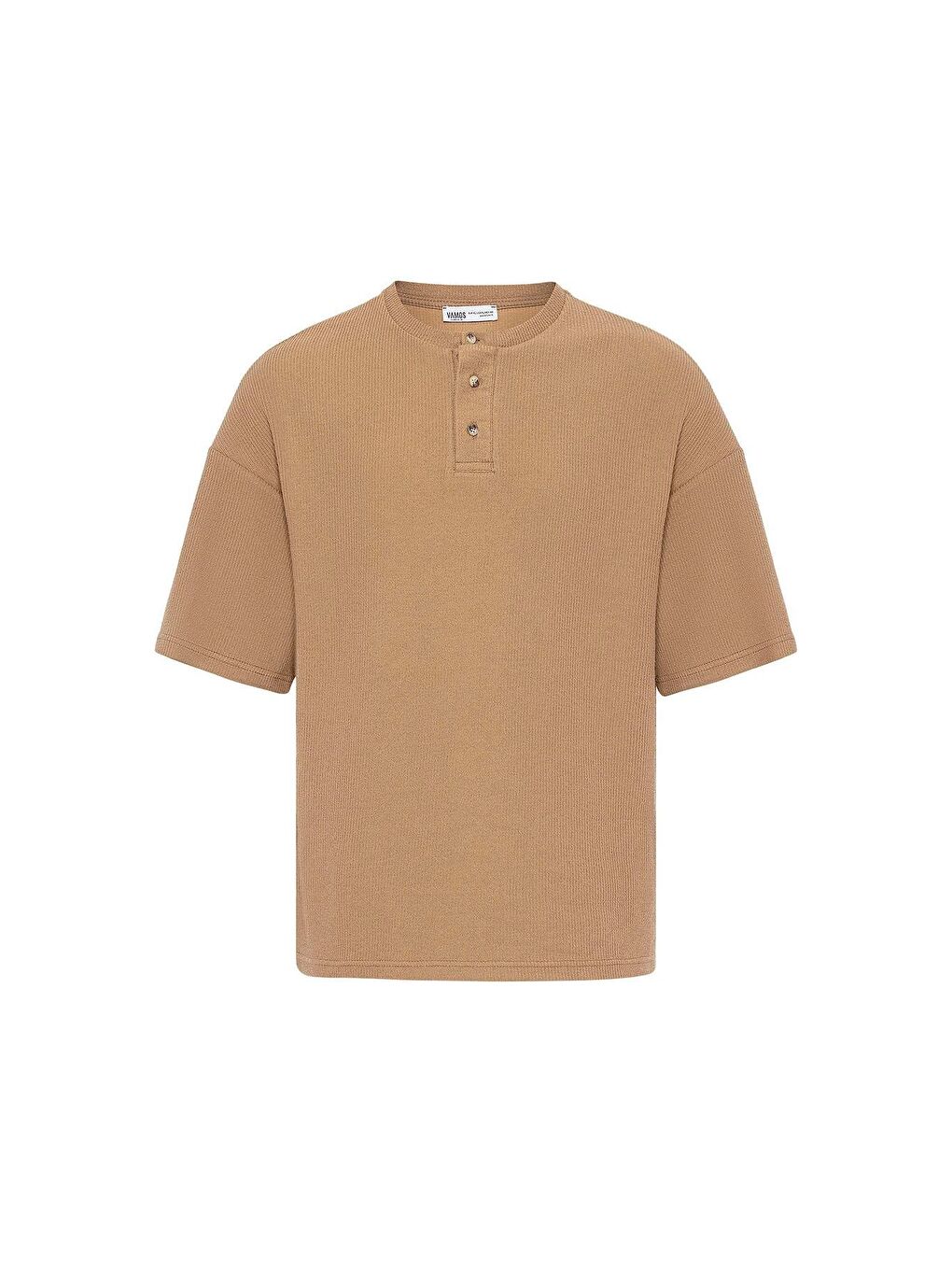 Bej Düğmeli Yaka Oversize Tişört Vizon-1