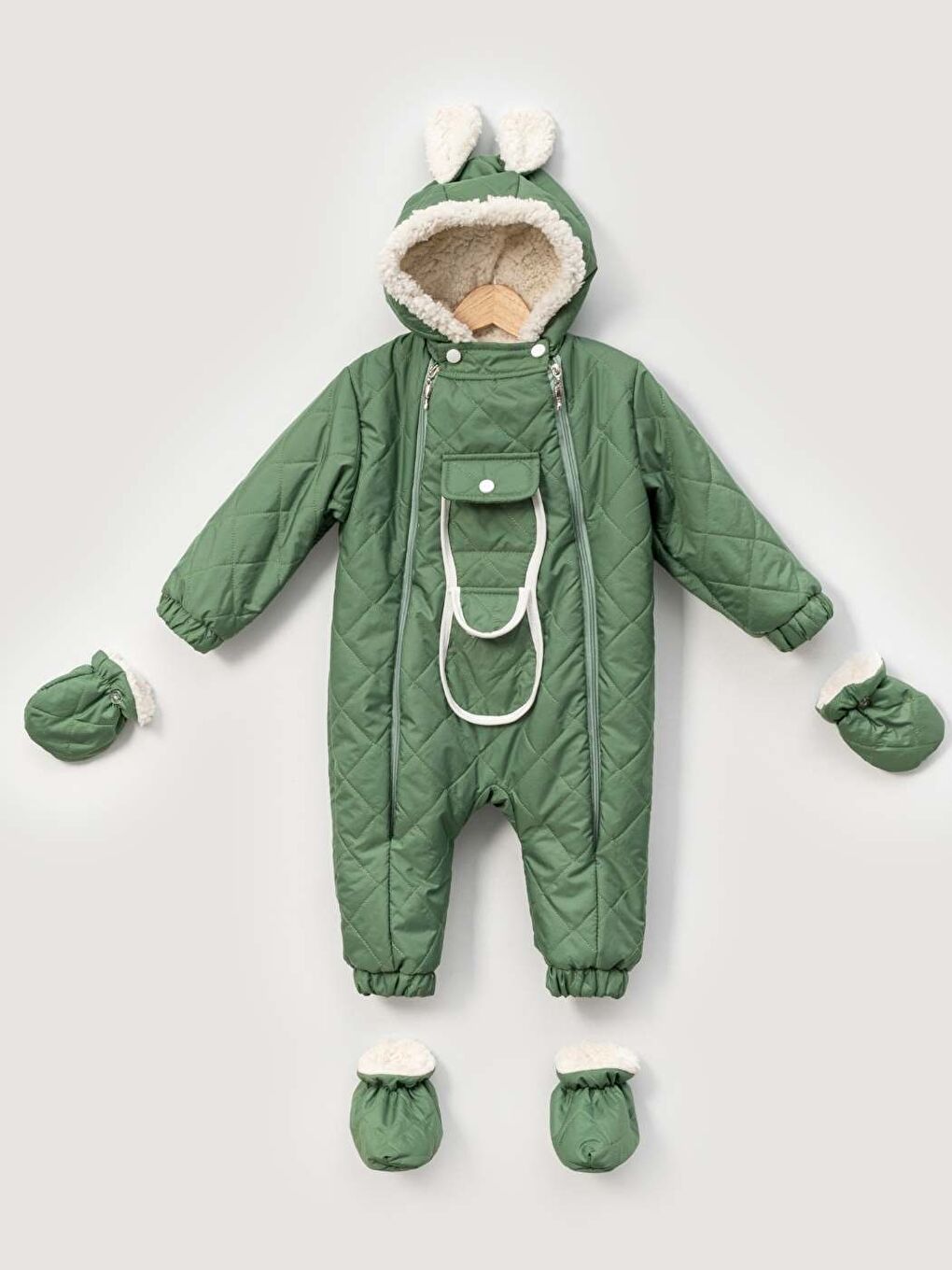 Yeşil Kayak ve Dış Mekân İçin Kürk Astarlı Bebek Tulum Seti – Kapüşonlu, Eldiven Patikli
