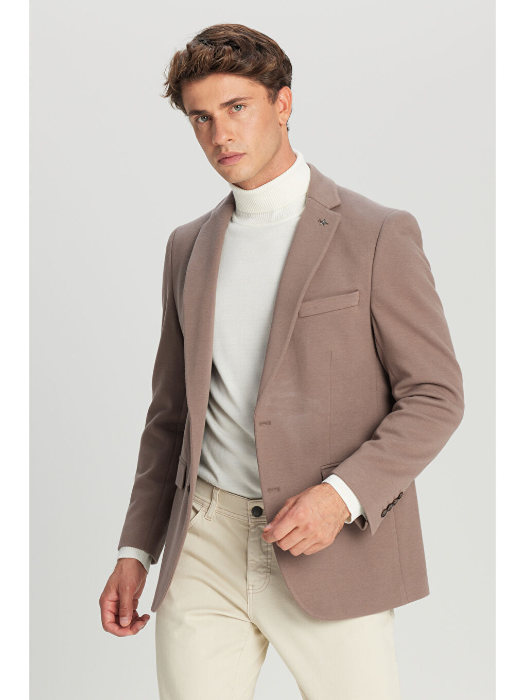Bej Erkek Vizon Pamuklu Slim Fit Dar Kesim Mono Yaka Kapak Cepli Esnek Blazer Ceket-2
