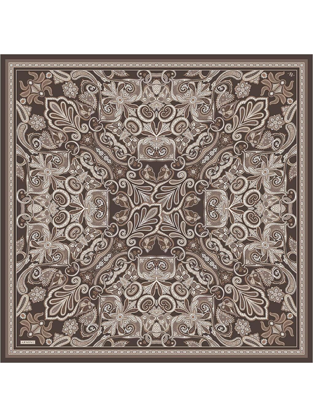 Kahverengi Etnik Desen Saf İpek Twill Eşarp 9421D 32-3