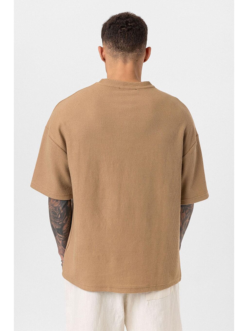 Bej Düğmeli Yaka Oversize Tişört Vizon-4