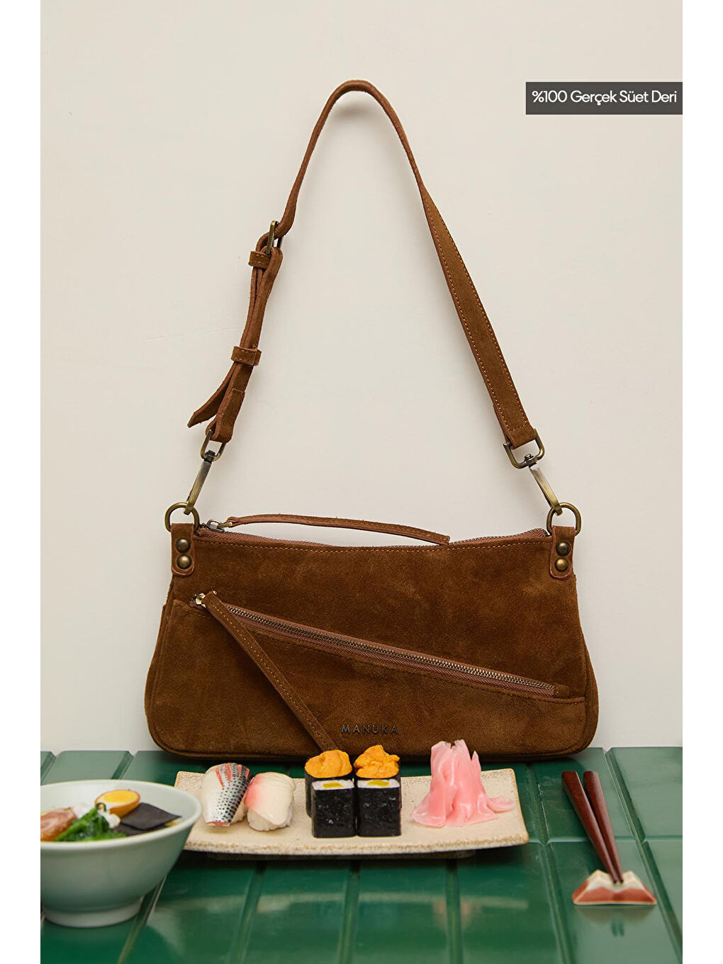 Kahverengi Mari Süet Baget Çanta Taba-2