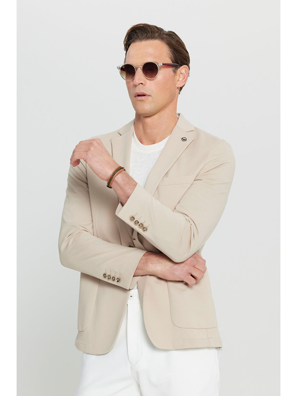 Erkek Bej Pamuklu Slim Fit Dar Kesim Armürlü Esnek Torba Cepli Blazer Ceket-3