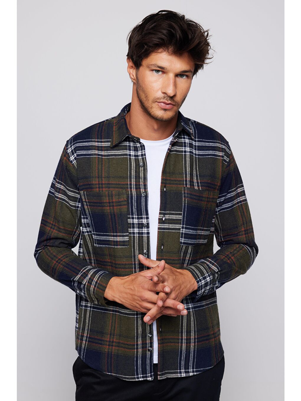 Karışık Erkek Regular Fit Klasik Kesim Çift Cepli Kareli Kışlık Oduncu Gömlek