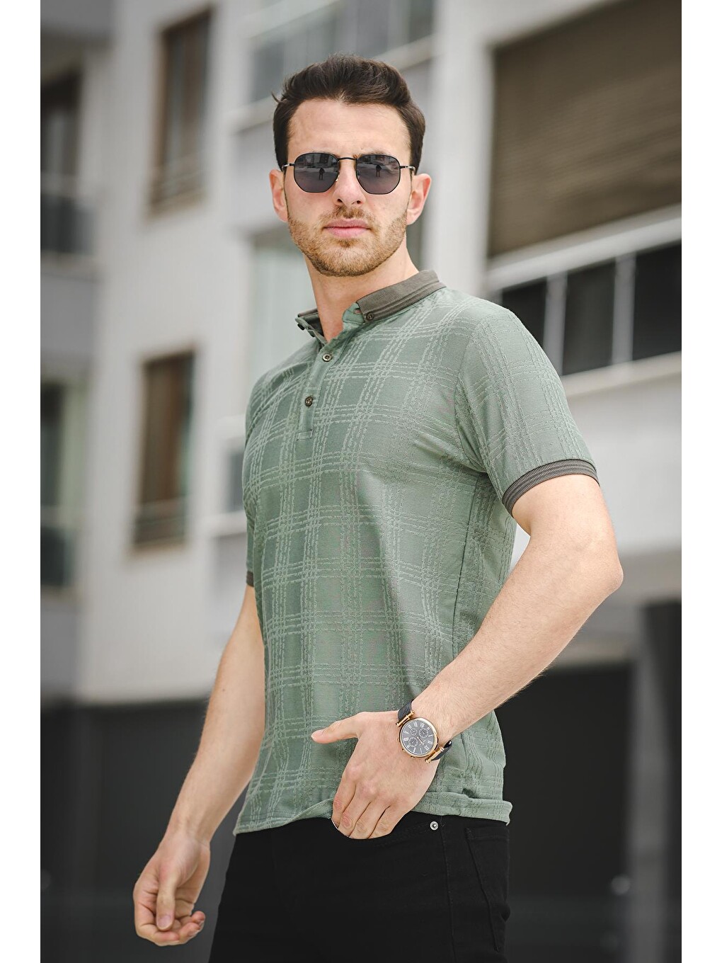 Haki Örme Jakar Kumaş Desenli Polo Yaka Erkek Tişört-2