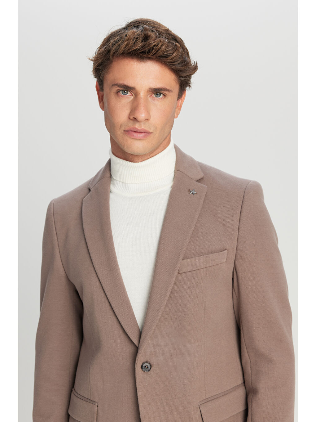 Bej Erkek Vizon Pamuklu Slim Fit Dar Kesim Mono Yaka Kapak Cepli Esnek Blazer Ceket-3