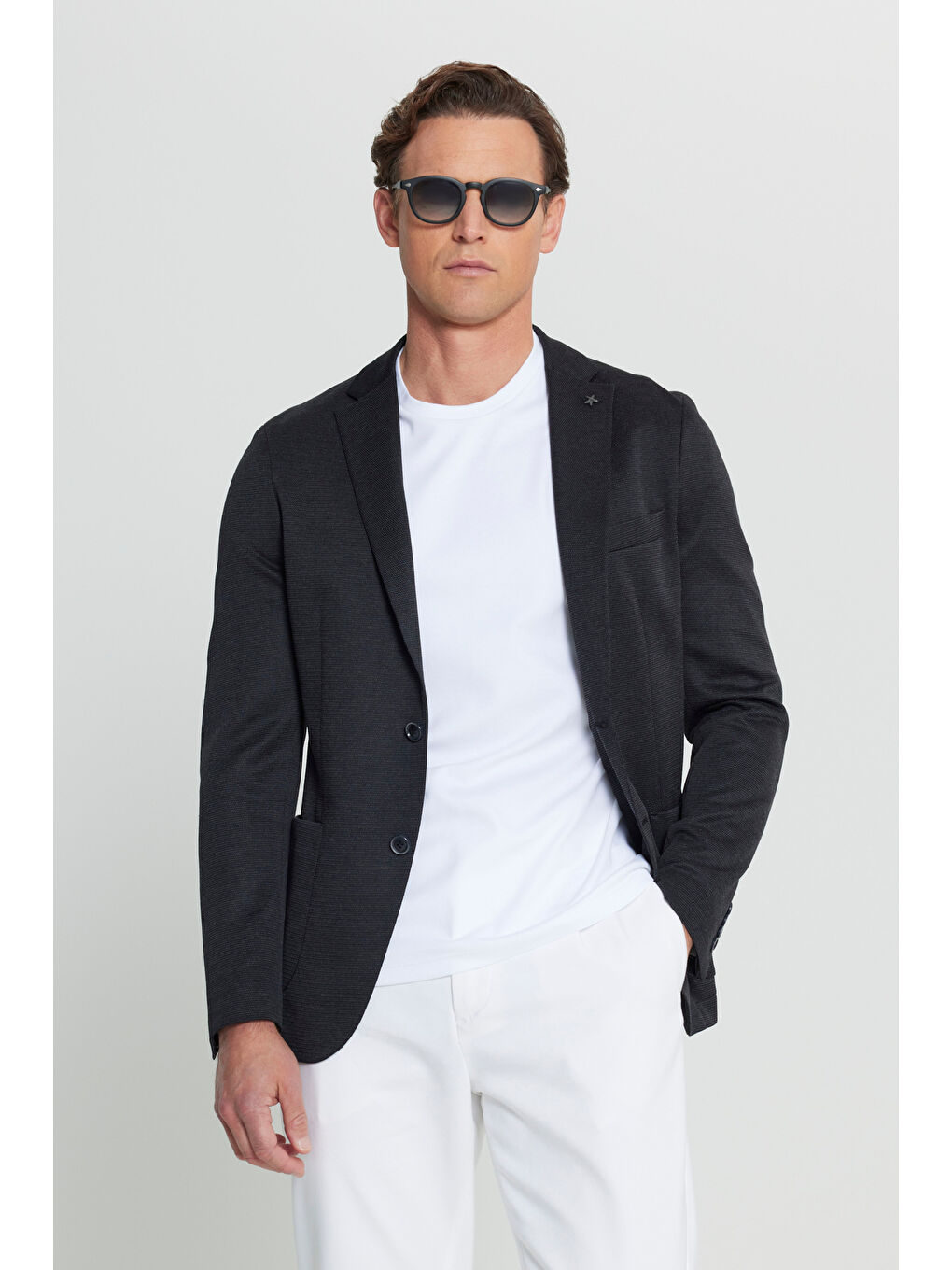 Erkek Siyah 360 Her Yöne Esneyen Slim Fit Dar Kesim Mono Yaka Armürlü Blazer Ceket-4