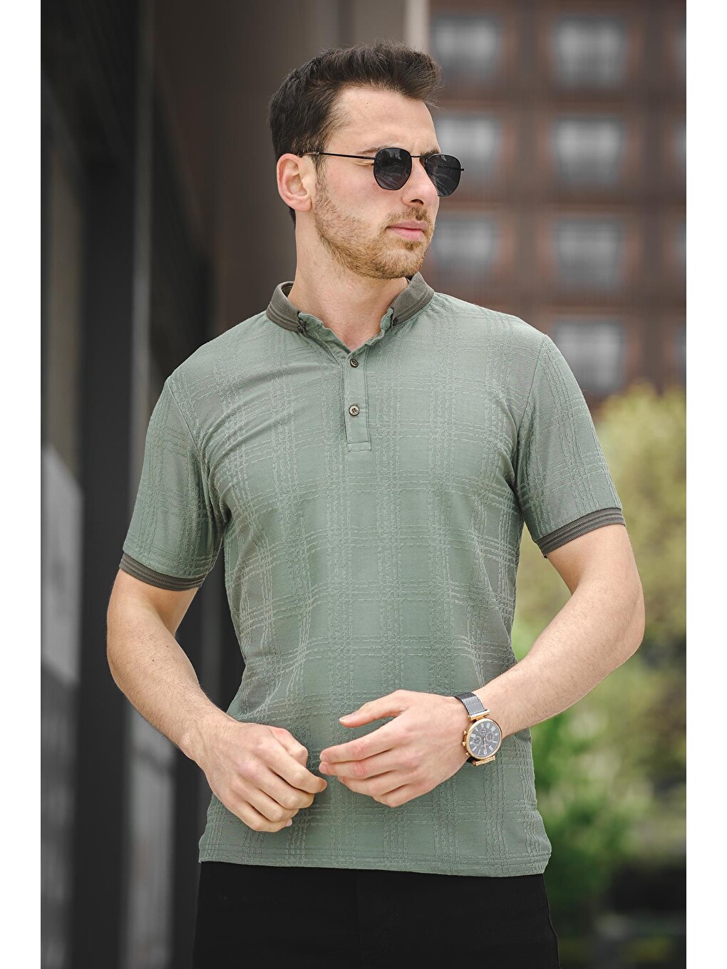 Haki Örme Jakar Kumaş Desenli Polo Yaka Erkek Tişört-3
