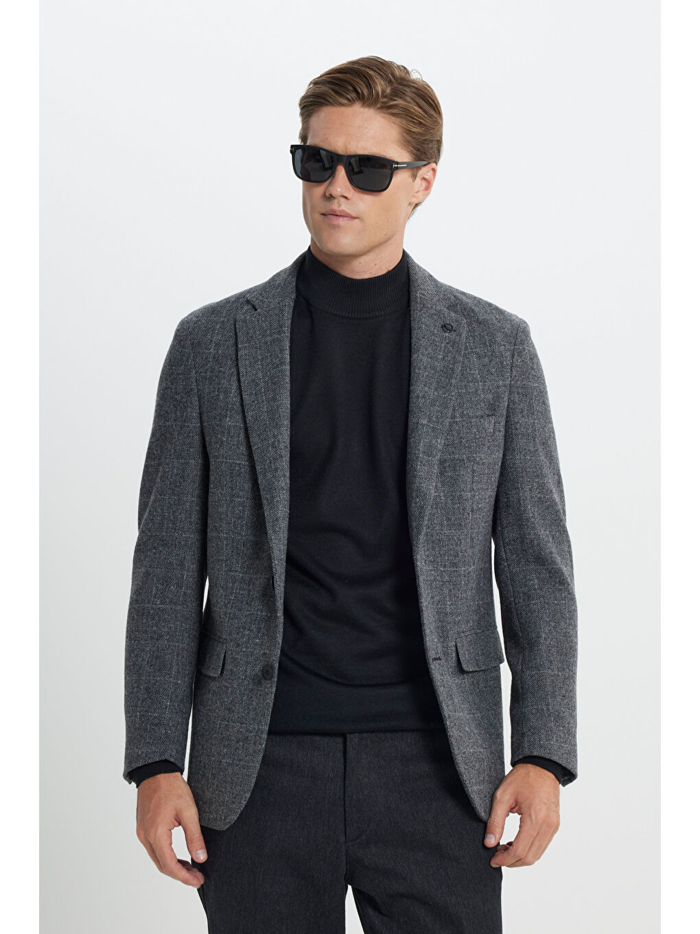 Erkek Antrasit Comfort Fit Rahat Kesim Mono Yaka Desenli %100 Yün Ceket