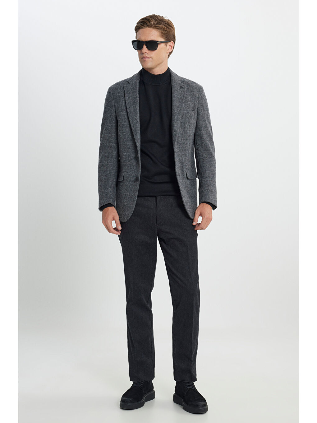 Erkek Antrasit Comfort Fit Rahat Kesim Mono Yaka Desenli %100 Yün Ceket-1