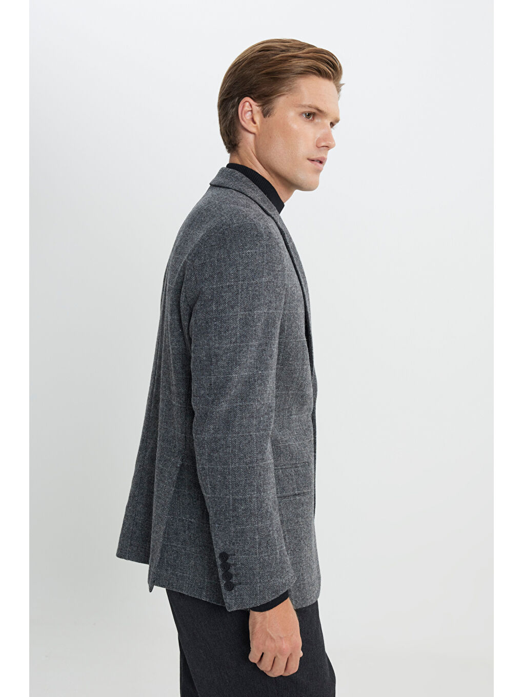 Erkek Antrasit Comfort Fit Rahat Kesim Mono Yaka Desenli %100 Yün Ceket-2