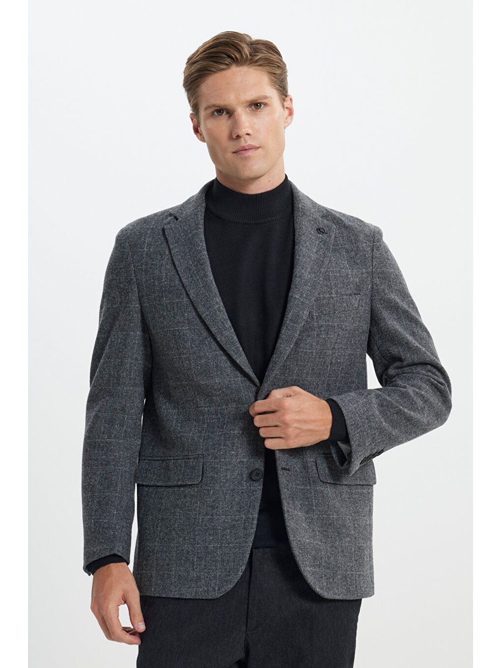 Erkek Antrasit Comfort Fit Rahat Kesim Mono Yaka Desenli %100 Yün Ceket-3