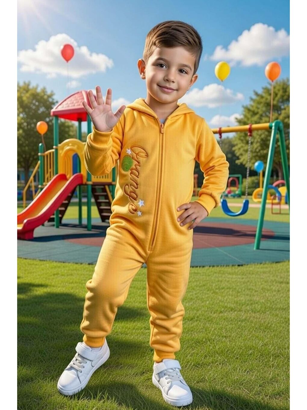 Erkek Bebek Orange Yazı ve Arkasında Portakal İşlemeli Fermuarlı Turuncu Tulum