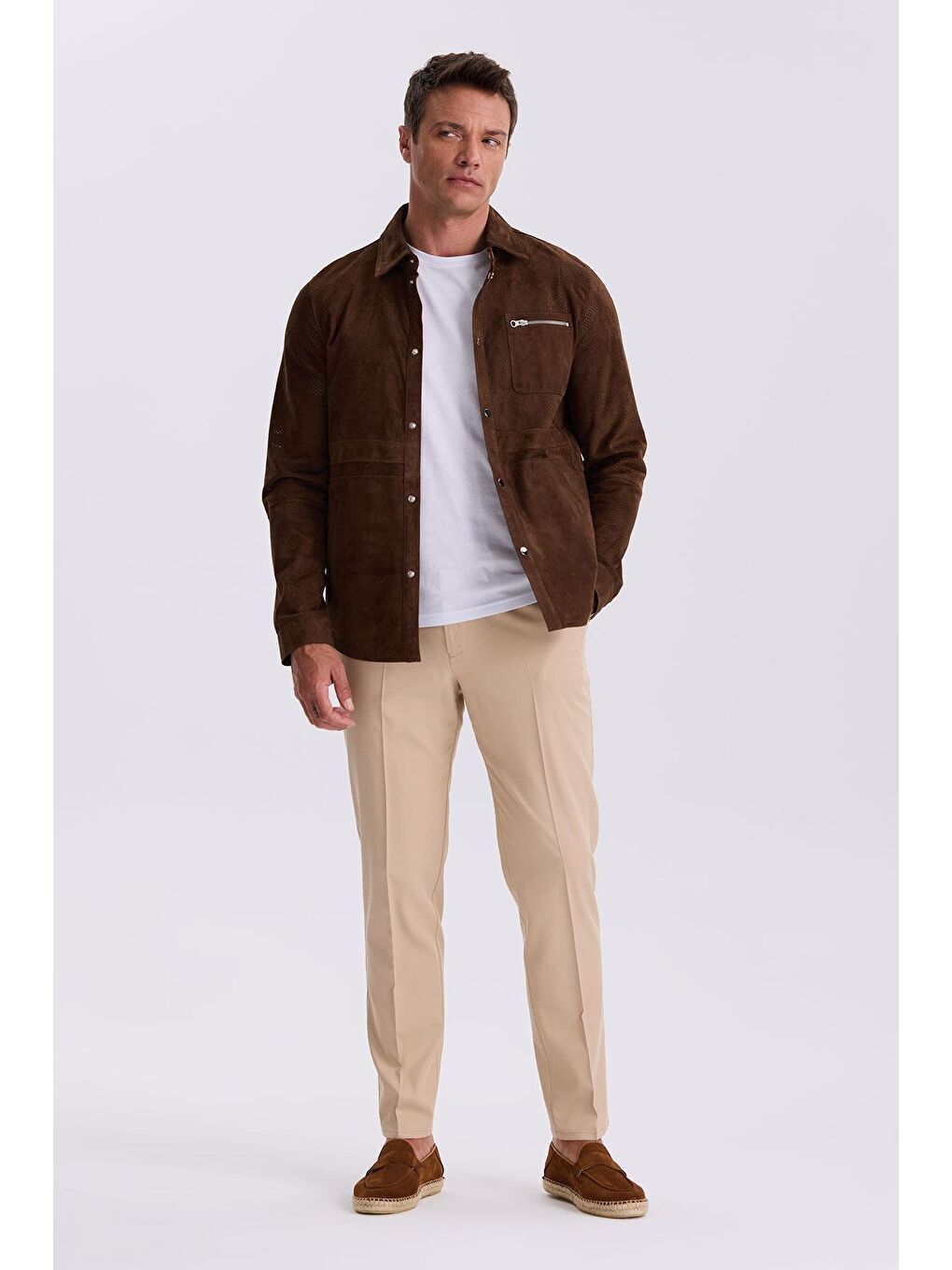 Kahverengi Kahve Comfort Fit Bebe Yaka %100 Deri Mont