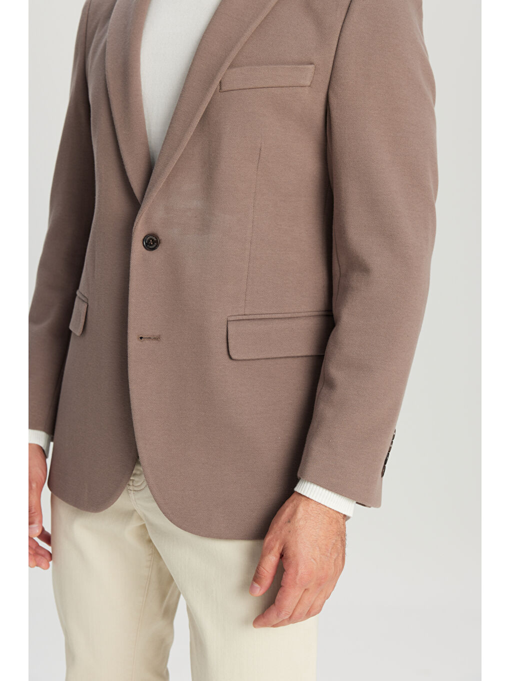 Bej Erkek Vizon Pamuklu Slim Fit Dar Kesim Mono Yaka Kapak Cepli Esnek Blazer Ceket-4