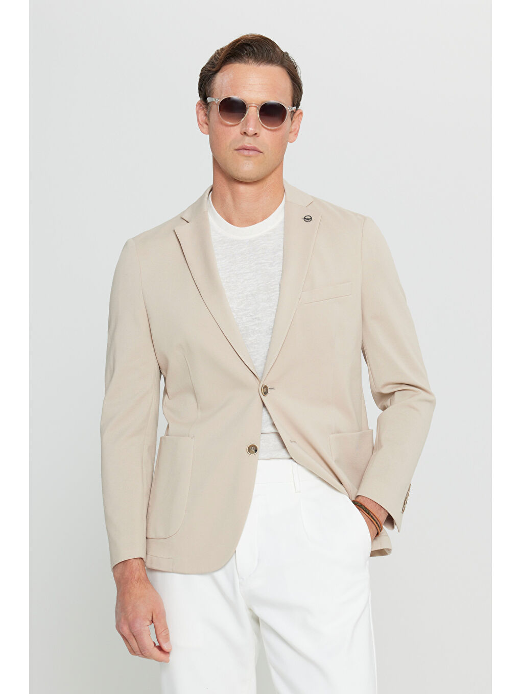 Erkek Bej Pamuklu Slim Fit Dar Kesim Armürlü Esnek Torba Cepli Blazer Ceket-5
