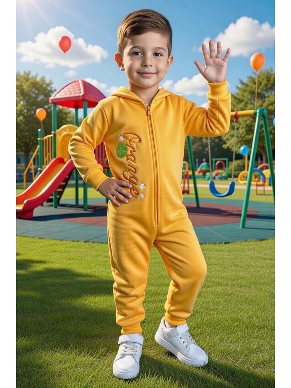 Erkek Bebek Orange Yazı ve Arkasında Portakal İşlemeli Fermuarlı Turuncu Tulum-1