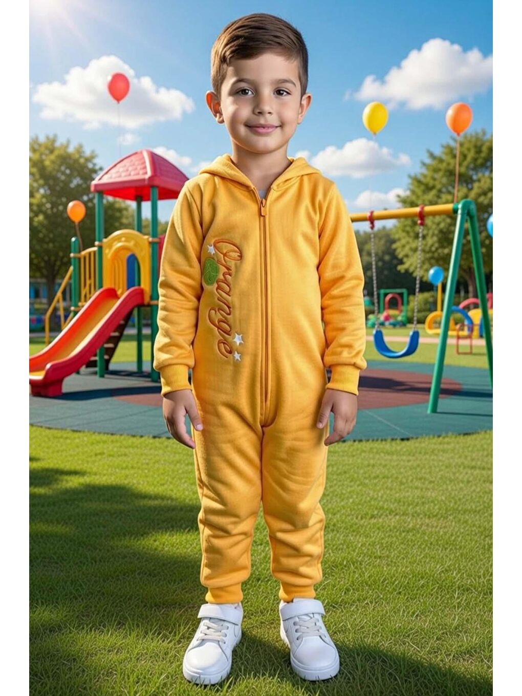 Erkek Bebek Orange Yazı ve Arkasında Portakal İşlemeli Fermuarlı Turuncu Tulum-2