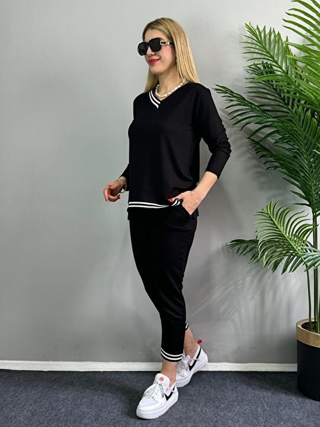 Siyah Kadın Yeni Sezon Uzun Kollu Ribana Detay Ikili Takım-1