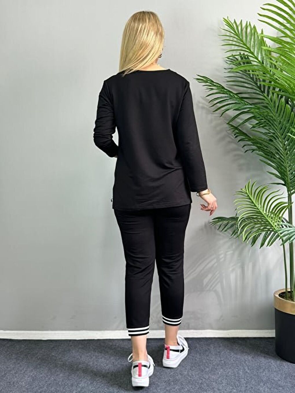 Siyah Kadın Yeni Sezon Uzun Kollu Ribana Detay Ikili Takım-2