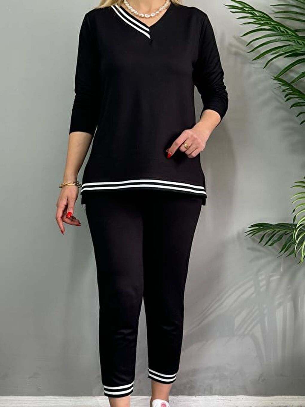 Siyah Kadın Yeni Sezon Uzun Kollu Ribana Detay Ikili Takım-4