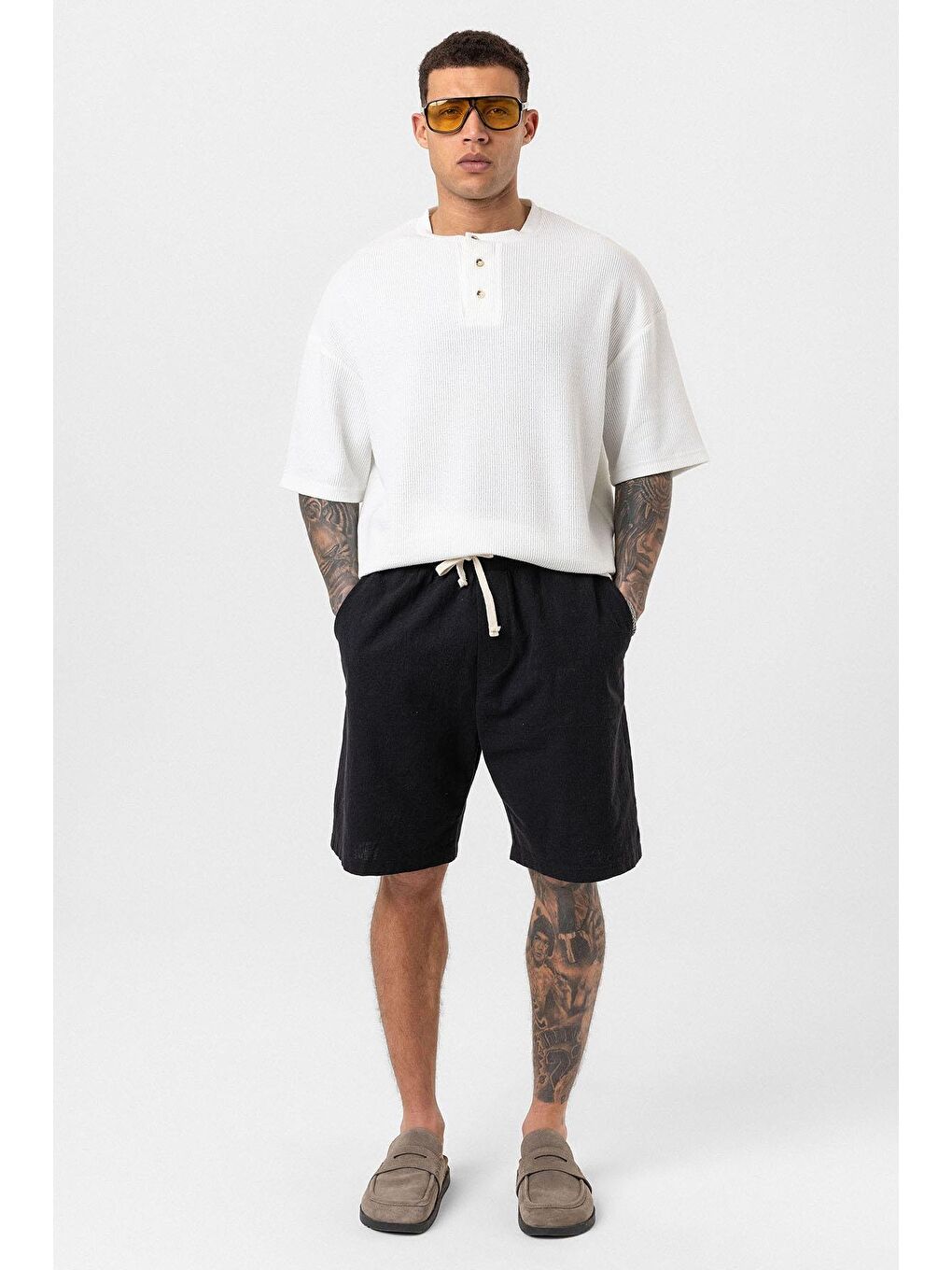 Düğmeli Yaka Oversize Tişört Ekru