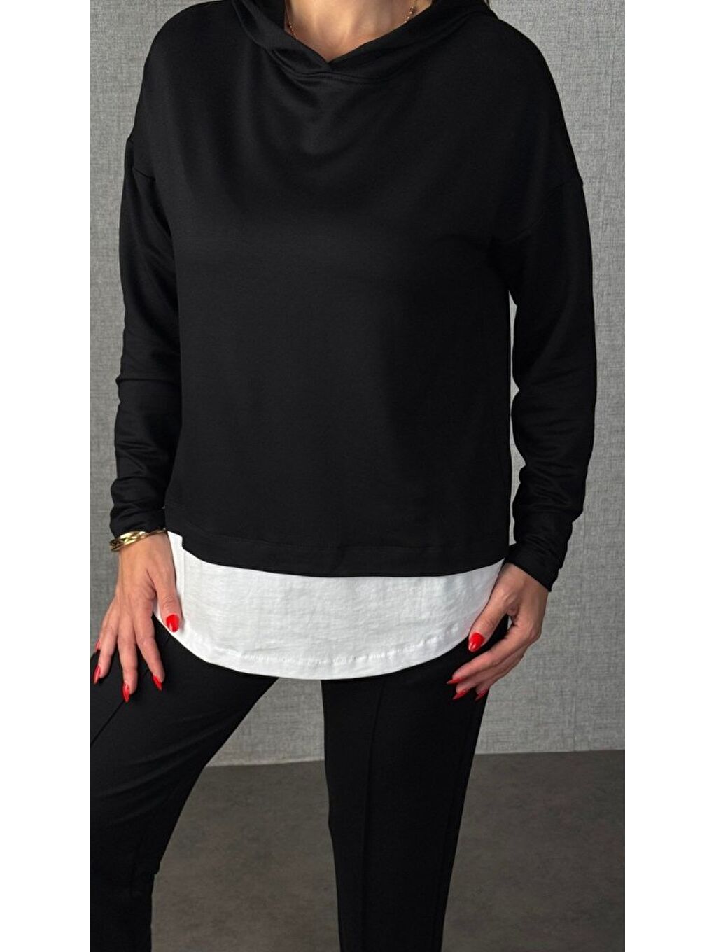Siyah Kadın Uzun Kollu Kapüşonlu Bağcıklı Viskon Iki Iplik Bluz Ve Pantolon Ikili Takım-3