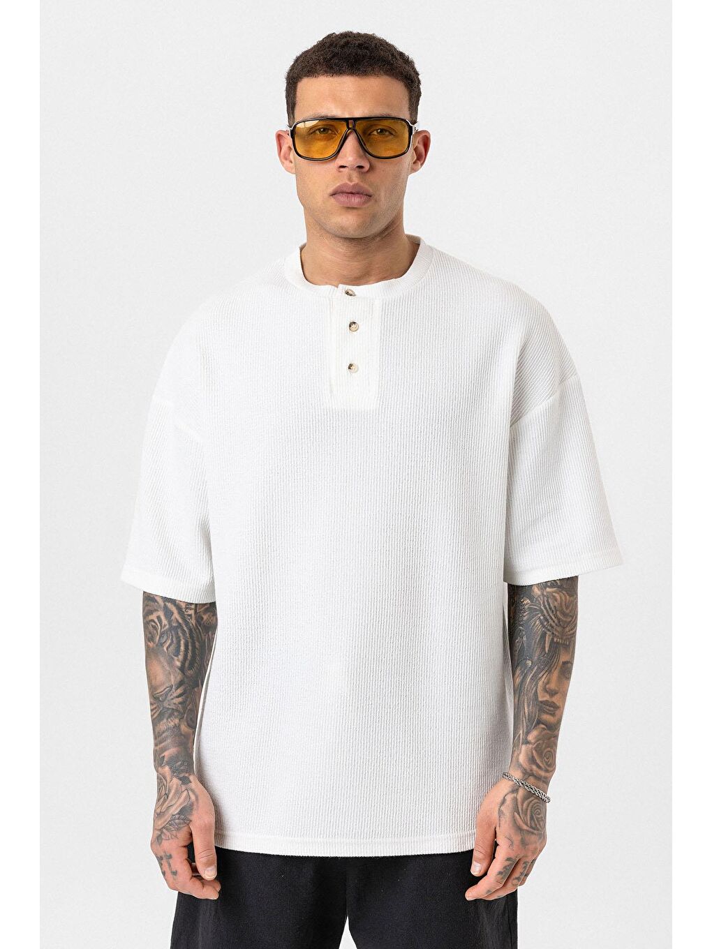 Düğmeli Yaka Oversize Tişört Ekru-2