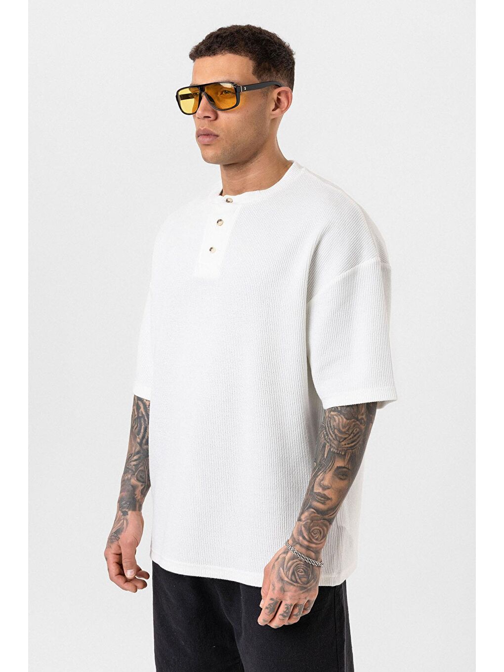 Düğmeli Yaka Oversize Tişört Ekru-3