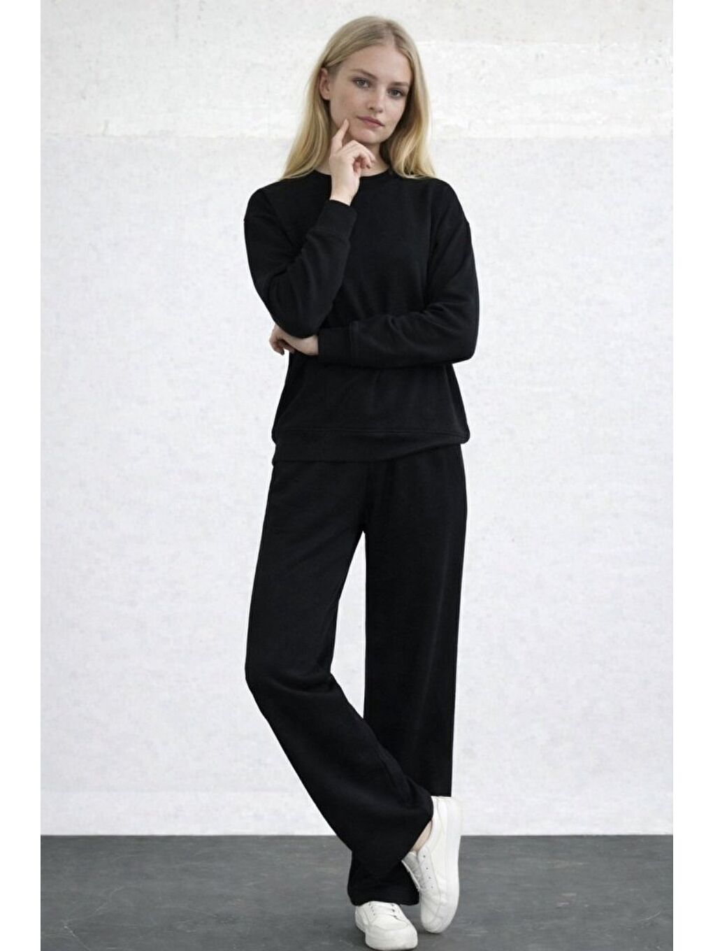Siyah Kadın Uzun Kollu Bisiklet Yaka Viskon Iki Iplik Bluz Ve Pantolon Ikili Takım-1