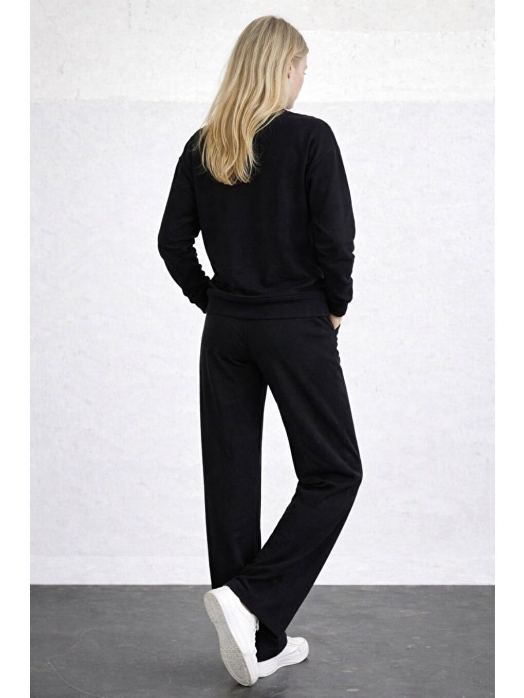 Siyah Kadın Uzun Kollu Bisiklet Yaka Viskon Iki Iplik Bluz Ve Pantolon Ikili Takım-2