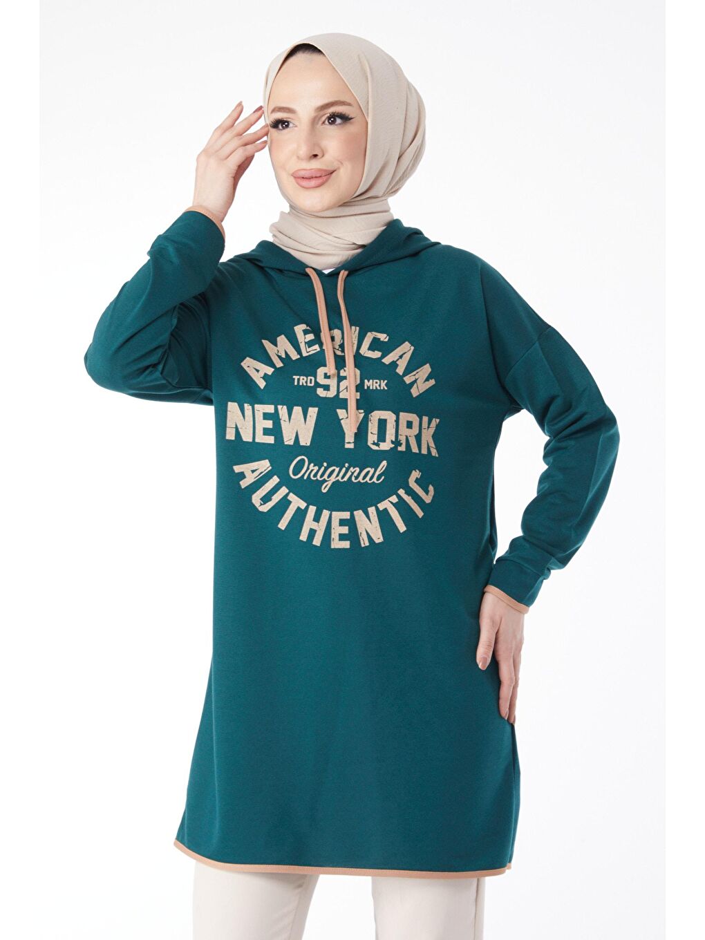 TOFİSA Yeşil Düz Kapşonlu Yaka Kadın Yeşil Önü Baskılı Sweatshirt - 13130 - 1