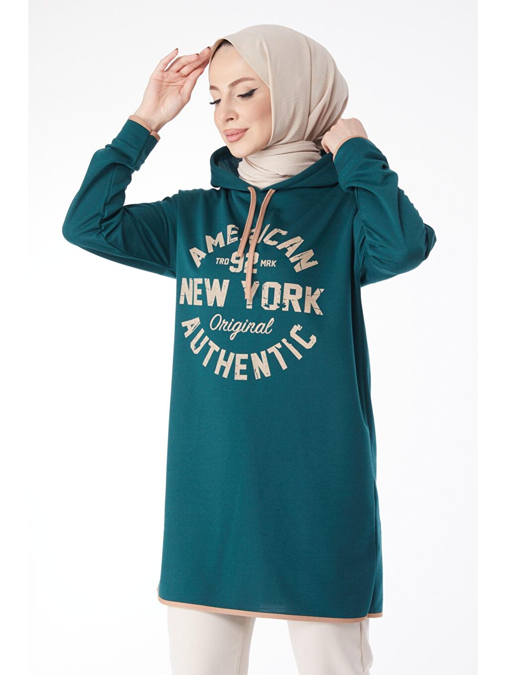 TOFİSA Yeşil Düz Kapşonlu Yaka Kadın Yeşil Önü Baskılı Sweatshirt - 13130 - 2