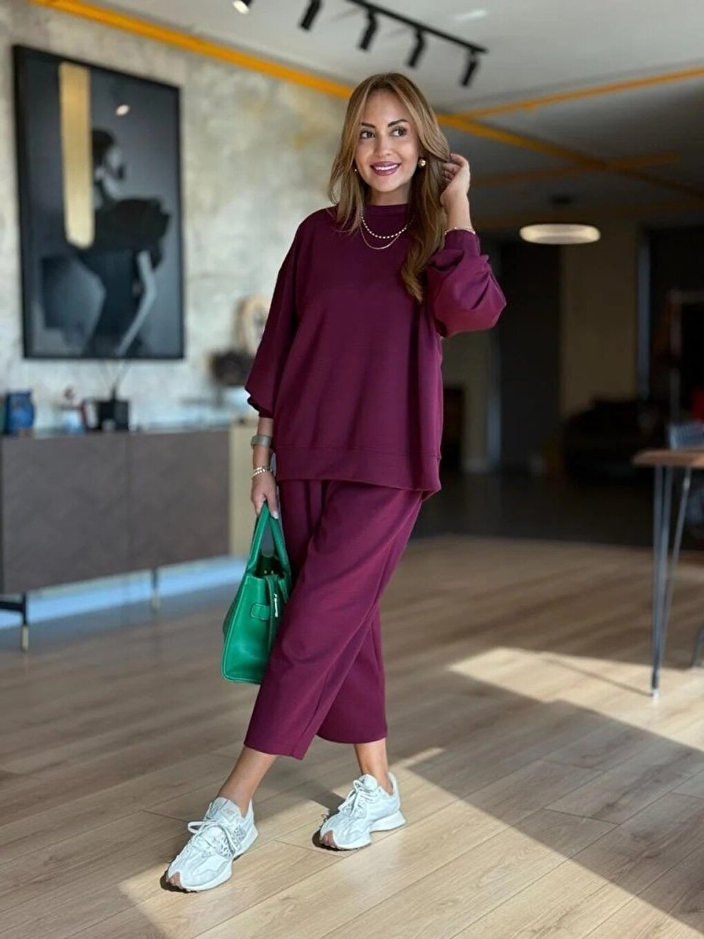 Bordo Kadın Uzun Kollu Bisiklet Yaka Viskon Iki Iplik Mor Bluz Ve Pantolon Ikili Takım-3