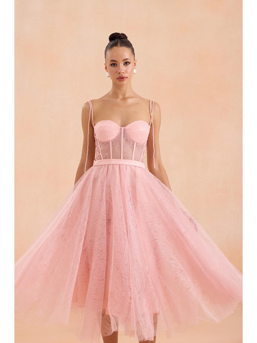 Pembe Pudra Midi Dantelli Abiye Elbise-1